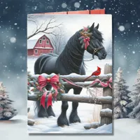 Festive Black Horse and Cardinal Christmas Holiday Card