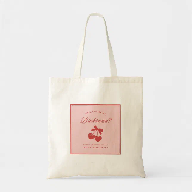 Clean Aesthetic Bow & Cherry Bridesmaid Proposal  Tote Bag