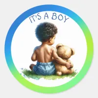 African-American Baby Boy with Teddy Baby Shower Classic Round Sticker