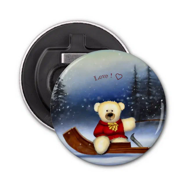 Bear on a sledge in the snow bottle opener