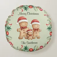 Cute Gingerbread Cookie Family Christmas Round Pillow