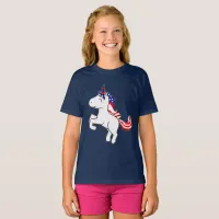 Unicorn Gray Patriotic USA Flag Cartoon Girls T-Shirt
