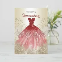 Red Gold Sparkle Dress Quinceañera Quince Invitation