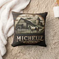 Rustic Barn and Horse Illustration at Twilight Throw Pillow