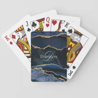 Navy Blue Agate Geode Gold Glitter Monogram Poker Cards