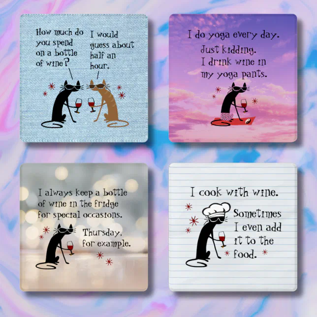 Sassy Wine Quotes Cabernet Cat Coaster Set