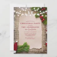 Burlap Pine String Lights Rustic Christmas Party Invitation