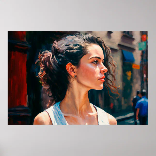 French Woman Downtown Rennes Portrait Oil Painting Poster
