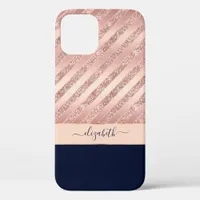 Rose Gold Glitter Stripes Navy Glam Personalized iPhone 12 Case