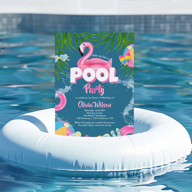 Bright Tropical pool party pink flamingo Sweet 16 Invitation