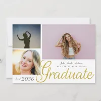 Elegant Gold Script Overlay Three Photo Graduation Announcement