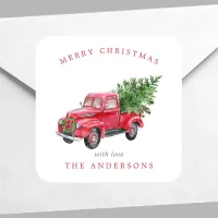 Watercolor Red Truck Retro Christmas Square Sticker