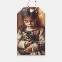 Sweet Little Girl and Kitten Christmas Gift Tags