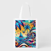 Fun Whimsical Psychedelic Sailboat  Grocery Bag