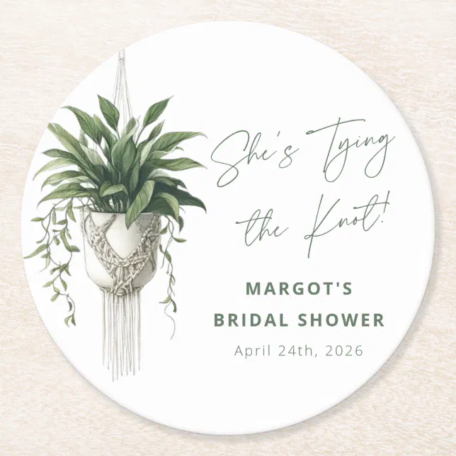 Boho Chic Botanical "Tie the Knot" Bridal Shower Round Paper Coaster