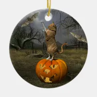 Cute Halloween Orange Cat Batting Bats Ceramic Ornament