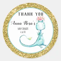 *~* Blue Dragon Glitter Baby Girl Shower Thank You Classic Round Sticker