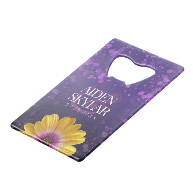 Elegant Golden Daisies with Purple Glitter Wedding Credit Card Bottle Opener