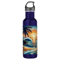 Mosaic Ai Art | Ocean Sunset and Palm Trees Stainless Steel Water Bottle