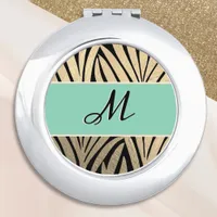 Stylish Faux Gold Leaves Black Aqua Monogrammed Compact Mirror