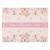 Happy Birthday Pink Ribbon Girls Twins Birthday Tablecloth