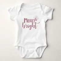 Pink Glitter Typography Merry and Bright Christmas Baby Bodysuit