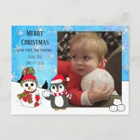 Custom Photo Christmas Penguin and Snowman Postcard