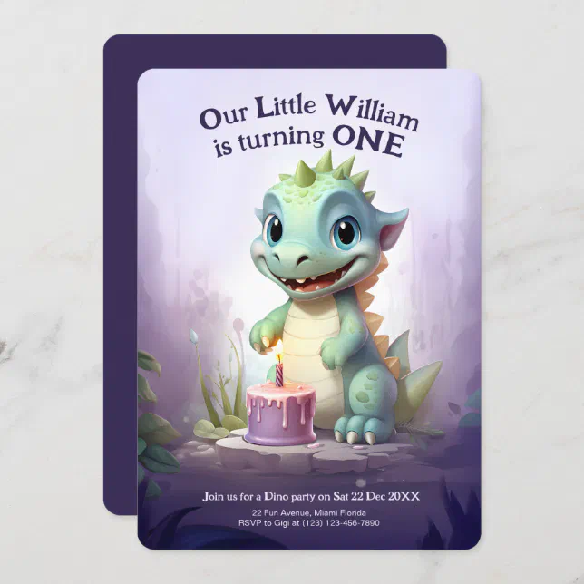 Cute Dinosaur Purple Forest | Dino Kids Birthday Invitation