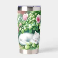 Sweet Napping White Kitten under a Rose Bush  Insulated Tumbler