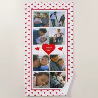 Photo Collage Personalized Red Heart & Name White Beach Towel