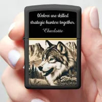 Majestic wolf perched in serene mountain landscape zippo lighter