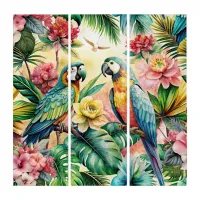 Colorful Tropical Botanicals and Parrots Triptych