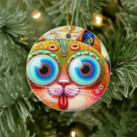 Colorful Fantasy Cat sticking out its Tongue Ceramic Ornament