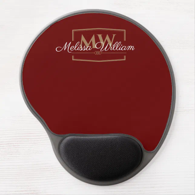 Elegant Red White Gold Monogram Name Script Gel Mouse Pad