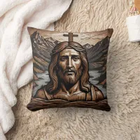 Jesus With Cross Overlooking Mountain Landscape Throw Pillow