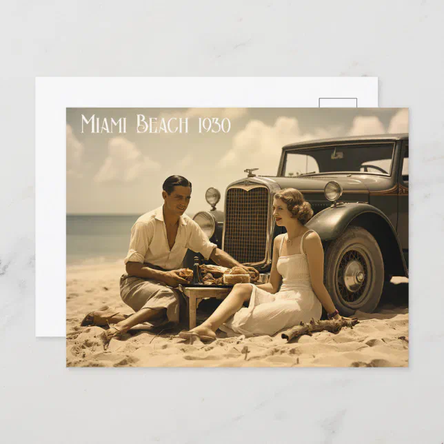 1930s retro picnic on the beach by a roadster postcard