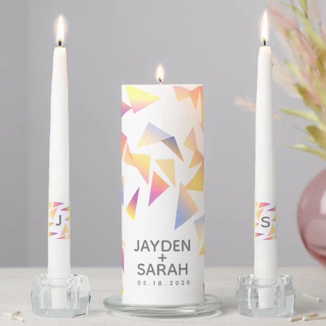 Pastel Triangle Confetti on White Wedding Unity Candle Set
