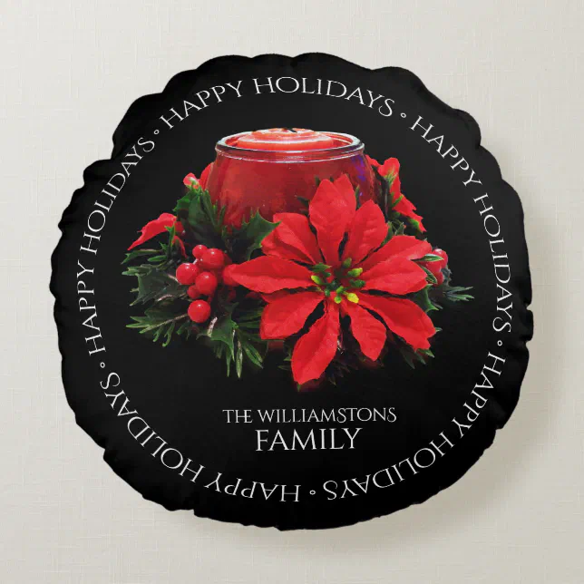 Festive Red Christmas Candle, Holly and Poinsettia Round Pillow