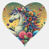 Pretty Whimsical Horse in Colorful Flowers Heart Sticker