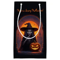 Scary Halloween Witch and Crazy Smile Pumpkin Small Gift Bag