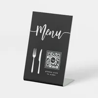 Elegant Menu Script Knife & Fork QR Code Black Pedestal Sign