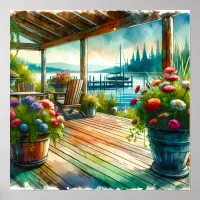 Pretty Lakehouse View Deck and Flowers Poster