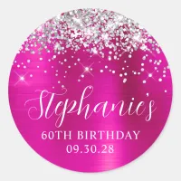 Glittery Silver Hot Pink Foil 60th Birthday Classic Round Sticker