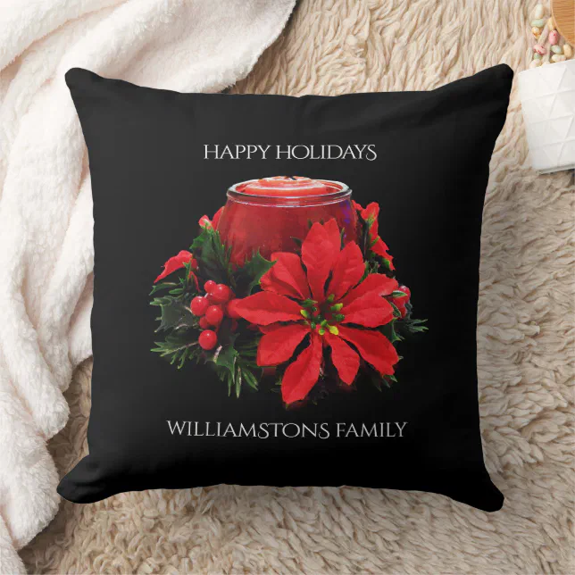 Festive Red Christmas Candle, Holly and Poinsettia Throw Pillow