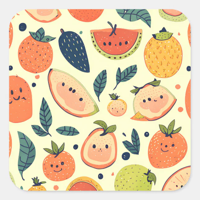 Cute Fruit Kawaii Characters Square Sticker