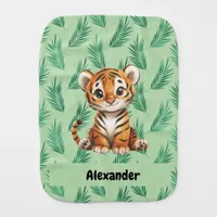 Cute Cartoon Tiger on Tropical Leaves Baby Burp Cloth