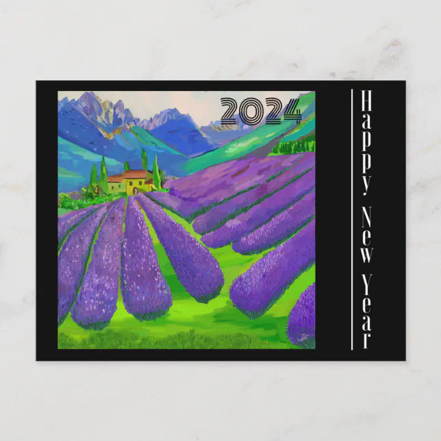 Happy New Year - Lavender fields in front of mount Postcard