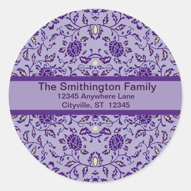 Elegant Flowery Purple Damask Classic Round Sticker