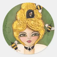 Mixed Media Queen Bee Hive Girl Fun Whimsical Art Classic Round Sticker