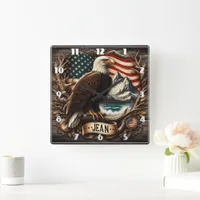 American Eagle With Mountains and Flag Background Square Wall Clock